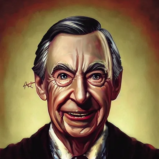 Image similar to hyper realistic portrait painting of evil mr. rogers as freddy krueger, painted by greg rutkowski, wlop, artgerm