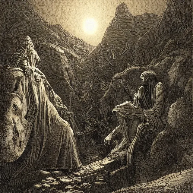 Image similar to etching by Franklin Booth and Gustav Doré showing frightened sorcerer in the desert by night, surrounded by nightmares in the shadows, mystic athmosphere, by Greg Rutkowski, deformed rocks, snakes, scorpions, UHD, 8K,