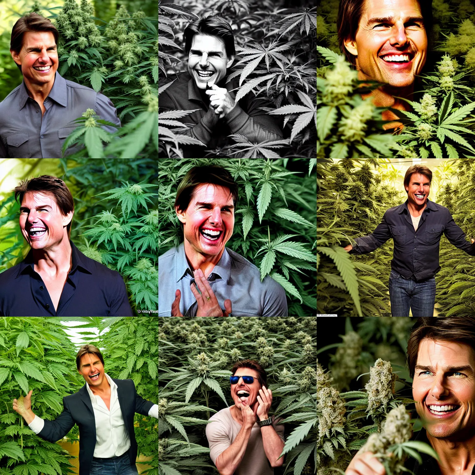 Prompt: tom cruise laughing super hard, so hard he's about to lose it, surrounded by marijuana plants, 5 0 mm, dynamic lighting