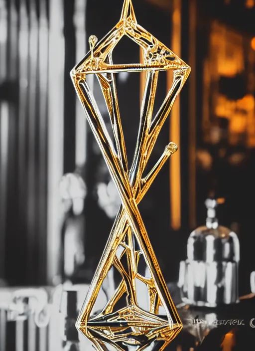 Image similar to a tall reflective very symmetrical biomechanical polyhedral 3 d printed steel ornate, intricate, engineering trophy at a high end bar in golden afternoon light, professional food photography