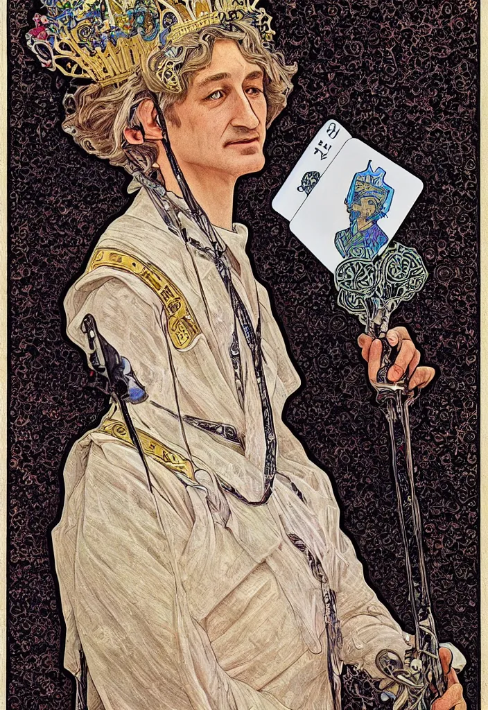 Image similar to realistic white - haired geoffrey hinton in a crown with neural networks on a tarot card, tarot in art style by alphonse mucha