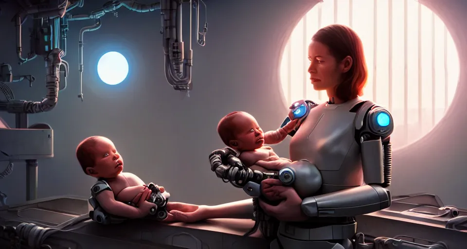 Image similar to a very realistic movie still of a cyborg woman holding a new born cyborg baby in a cyborg factory, highly detailed faces, render by beeple, syd meade, starwars, space art concept, sci - fi, digital art, unreal engine, wlop, trending on artstation, 4 k uhd image, octane render