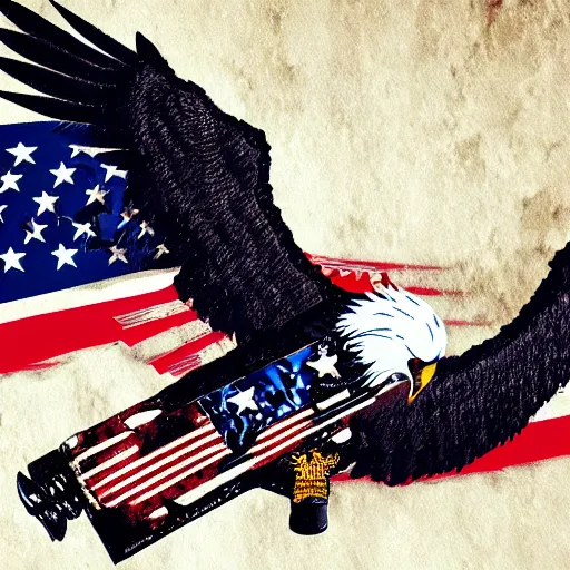 Image similar to America eagle with guns, cyborg, cyberpunk, goes hard, heavy metal, gritty, artstation, trending, detailed, patriotic.