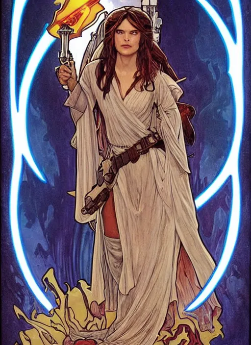 Prompt: movie poster by iain mccaig and magali villeneuve and drew struzan and alphonse mucha, a very beautiful!!!! woman jedi master, highly detailed. star wars original trilogy, she is about 2 0 years old, wearing jedi robes.