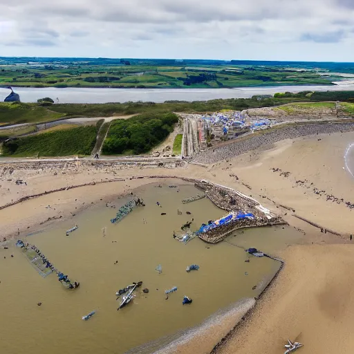 Image similar to a drone shot of Normany beach, D-Day, WW2, battle, aerial view, photograph, photorealistic, detailed, sharp image, 8k SDR, award-winning, beautiful,