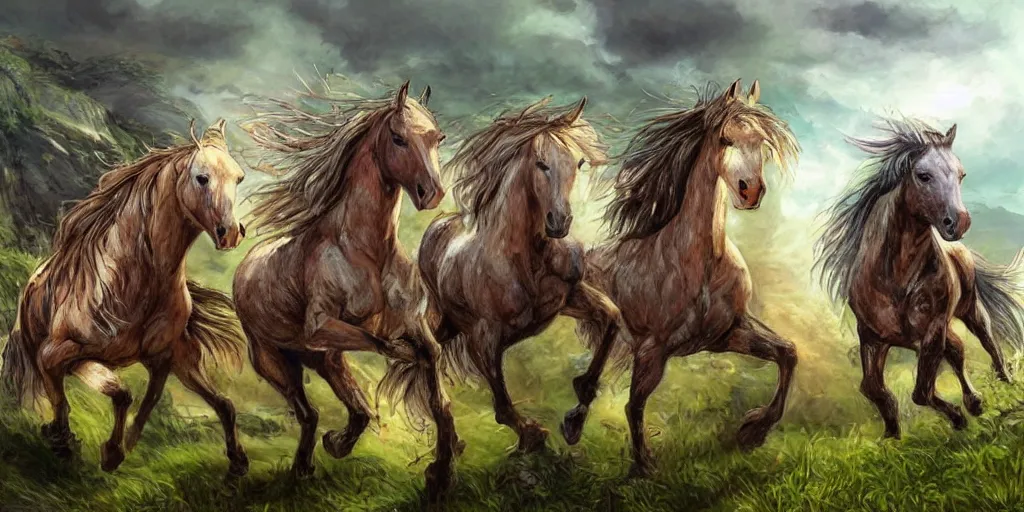 Prompt: horses made out rice, rice-horses-hybrid, galloping through the wilderness, style of Magic the Gathering, fantasy art