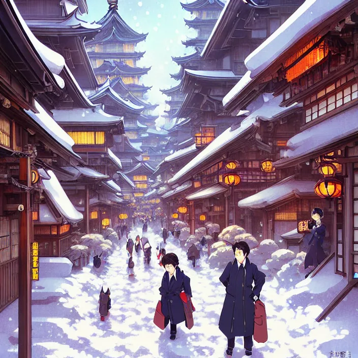 Prompt: japanese big city, winter, in the style of studio ghibli, j. c. leyendecker, greg rutkowski, artem