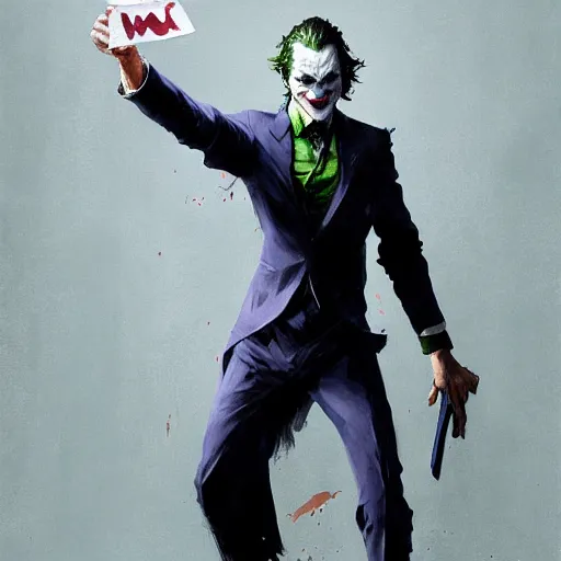 Image similar to joker, full body, dynamic pose, painted by greg rutkowski