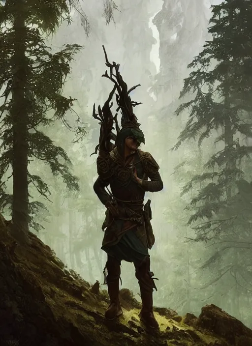 Image similar to elven soldier wearing a dark green tunic with a shield on his back standing at a forest looking for adventure in the mountains, tall trees, landscape is lush, moody sunset in background, greg rutkowski, alphonse mucha, trending on artstation, artgerm, unreal engine, breathtaking, award winning, highly detailed