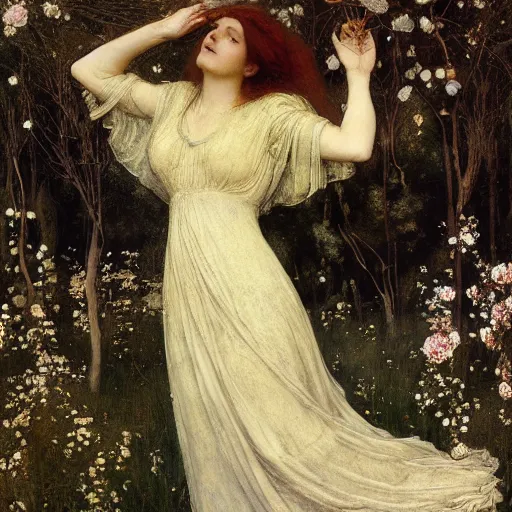 Image similar to beautiful pre - raphaelite woman, flower halo, flowing gown with empire waist in a wildflower meadow, floating leaves, fairys and flower petals in background, painterly, briar patch, thorns, dreamy, painted by jeremy mann, edward burne - jones, and john everett millais, alma tadema, ethereal, stunning, god rays, detailed