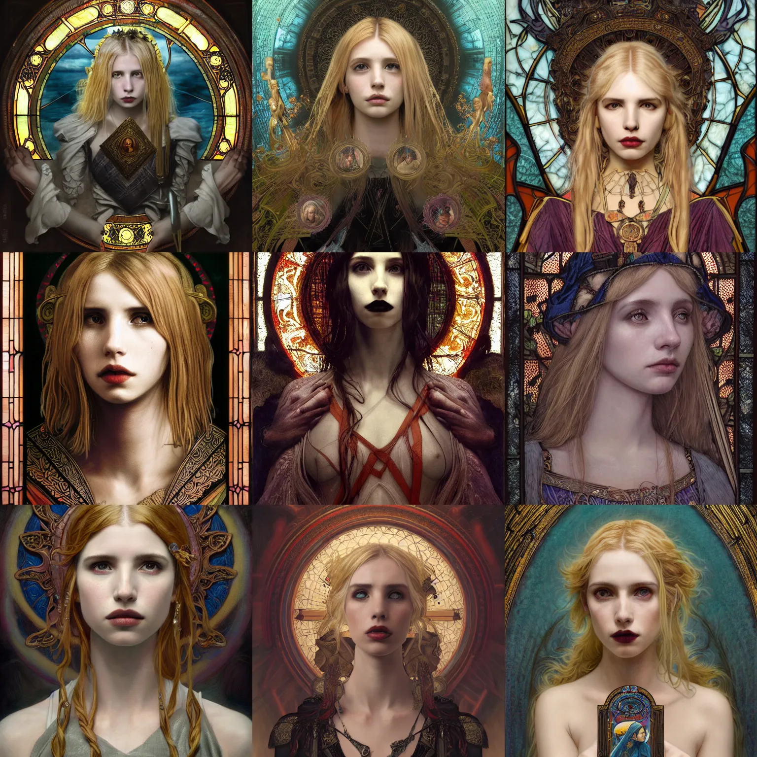 Prompt: masterpiece head-on symmetrical centered portrait, Emma Roberts as a Gothic Warrior, blonde hair, gothic stained glass style, tarot card style, elegant, distant, in the style of Edgar Maxence and Ross Tran and Zdzisław Beksiński and Michael Whelan and Mucha and Gustave Doré, specular highlights, 8k, octane render