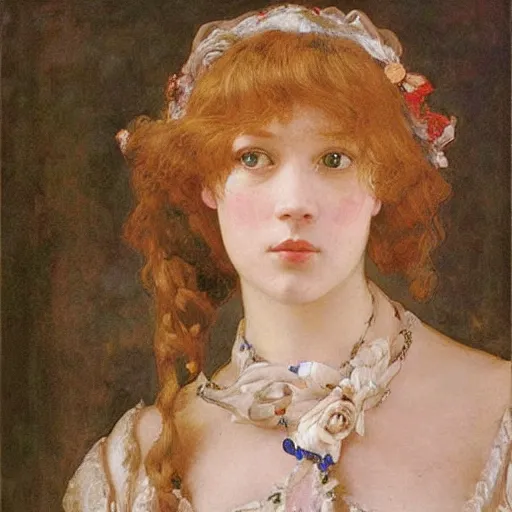Image similar to portrait en buste of lea seydoux in an edwardian dress by frederic william burton and frederic leighton, abundantly detailed, perfectly detailed eyes