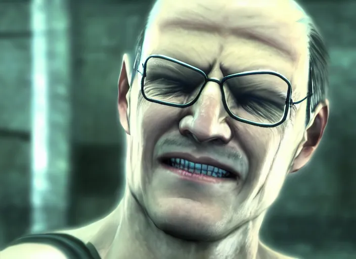 Prompt: screenshot of a smiling shirtless muscular senator matusz morawiecki wearing glasses from the game metal gear rising : revengeance ( 2 0 1 3 ), 4 k, high quality