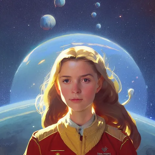 Prompt: sargent and leyendecker and greg hildebrandt, head and shoulders portrait of a cute russian young girl with long hair in space, stephen bliss, unreal engine, fantasy art by greg rutkowski, loish, rhads, ferdinand knab, makoto shinkai, ilya kuvshinov, rossdraws, global illumination, radiant light, detailed and intricate environment