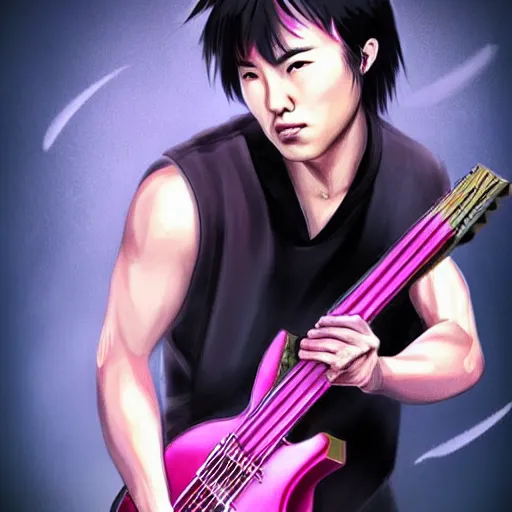 Prompt: chinese rocker guy with short hair wearing a serious expression and looking up with eyes open, wearing a black vest and playing a pink guitar, smoke in the background, full color digital illustration in the style of frank frazetta,, artgerm, artstation trending