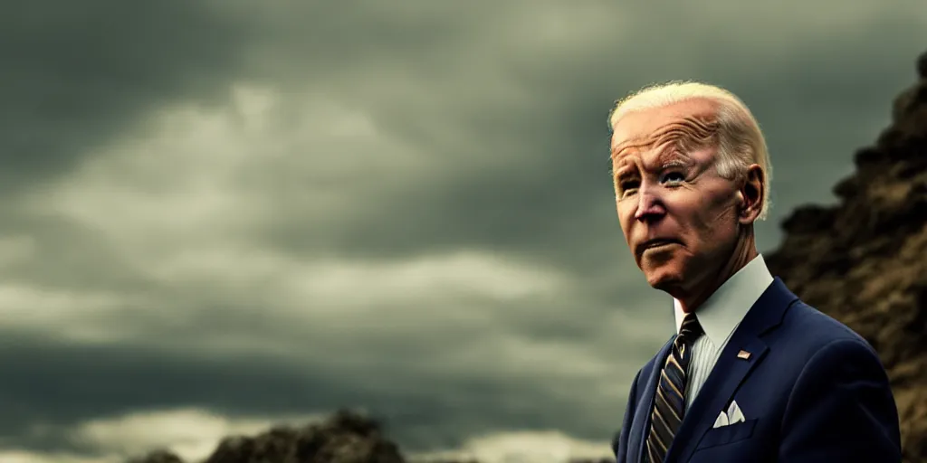 Image similar to film still of joe biden 3 0 0 movie, 8 k, cinematic lighting, moody sky