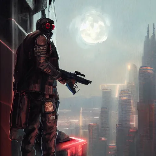 Prompt: a cyberpunk soldier standing on a hill, painted by jason edminston