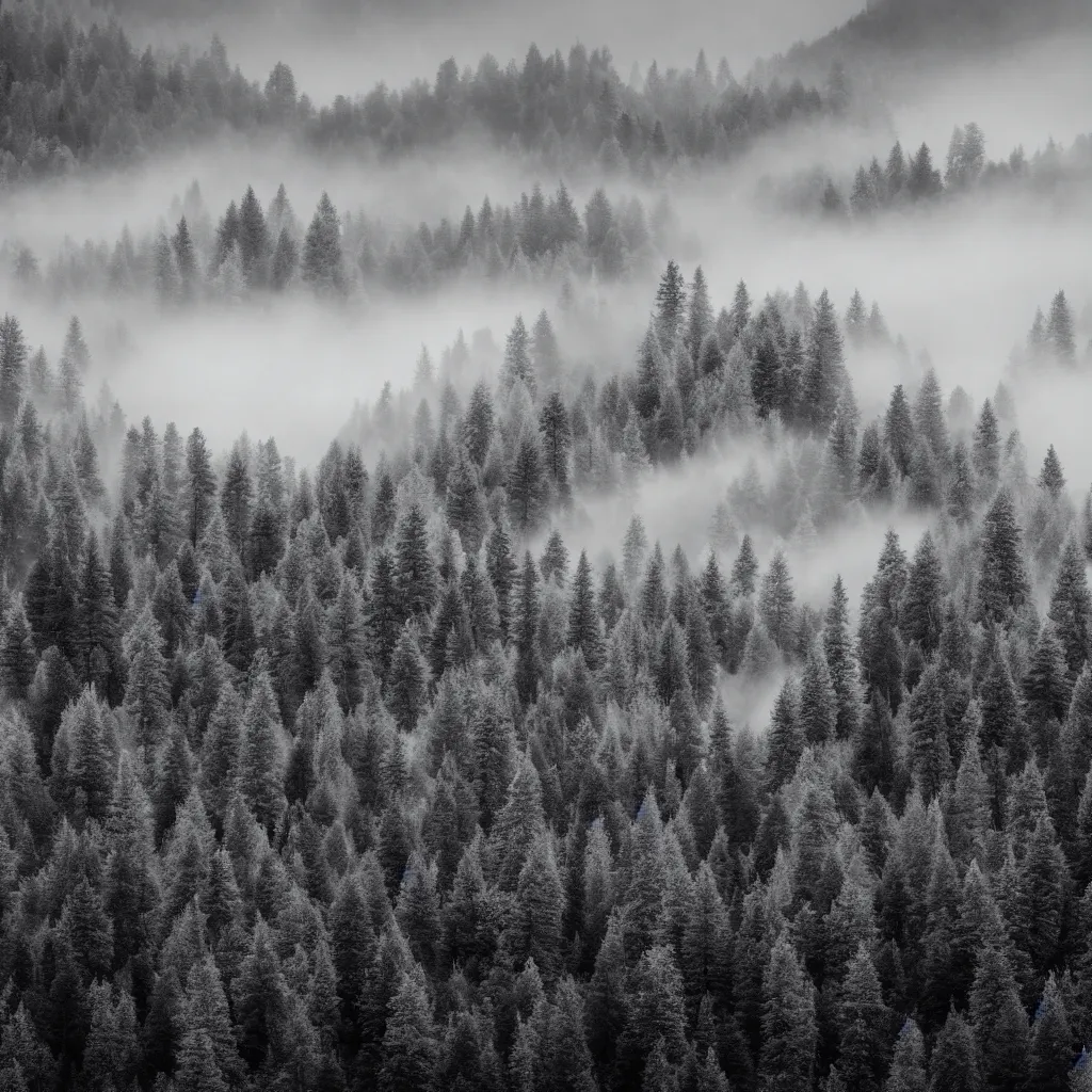 Image similar to monochrome photo of ambient and misty mountains with a lot of trees, 4 k