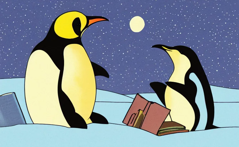 Image similar to childrens book illustration of an emperor penguin sitting down and reading a book inside an igloo