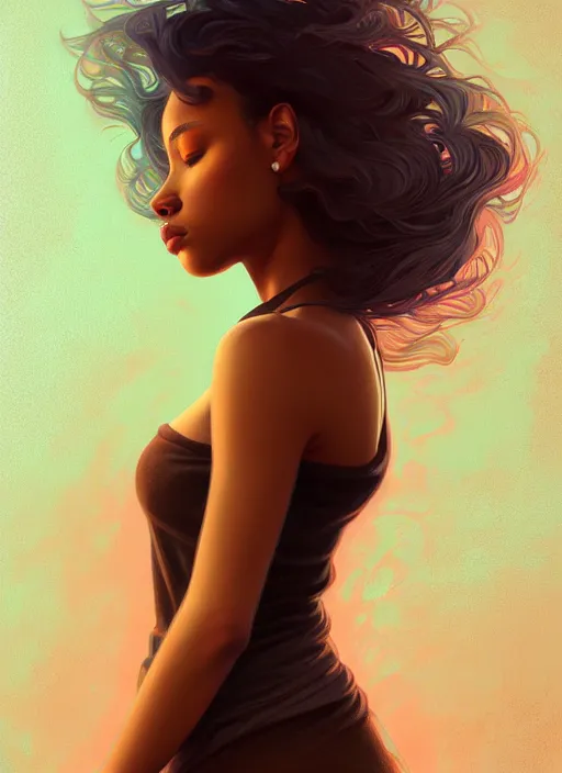 Image similar to handsome young black women with shoulder length brown hair, half body shot, path traced, highly detailed, high quality, digital painting, alena aenami, lilia alvarado, shinji aramaki, karol bak, alphonse mucha, tom bagshaw