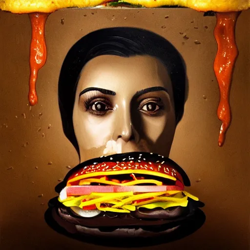 Image similar to mysterious portrait of Kim Kardashian emerging from the dark void eating burger, face partially melting like glitching out LSD effect, figure in the darkness of renaissance, serving big macs, covered in ketchup,Francisco Goya, painted by John Singer Sargant, Adrian Ghenie, style of Francis Bacon, highly detailed, 8k, trending on artstation