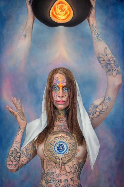 Image similar to transcendental meditation robed cult woman, tattoos, opening third eye, chakra energy waves resonating from her body, ethereal aura, epic surrealism 8k oil painting, portrait, perspective, high definition, post modernist layering, by Peter Kemp