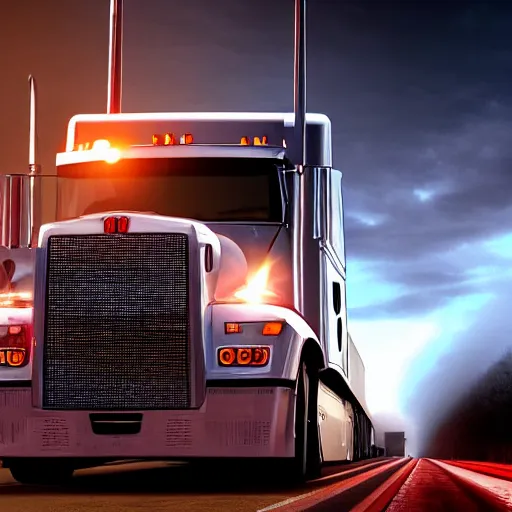 Prompt: a massive semi truck, menacing, horror, scary, realistic lighting, HD, highly detailed, evil
