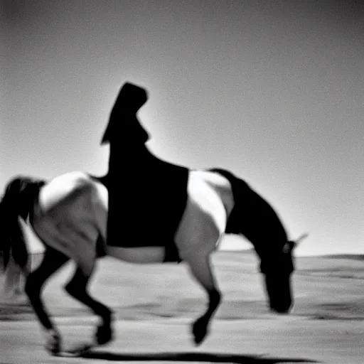 Image similar to A woman with a black cloak is riding a dark horse from distance, Kodak TRI-X 400, melancholic