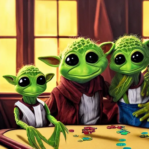 Image similar to baby groot, baby yoda, and kermit the frog all playing poker, painting, 4k, high-res