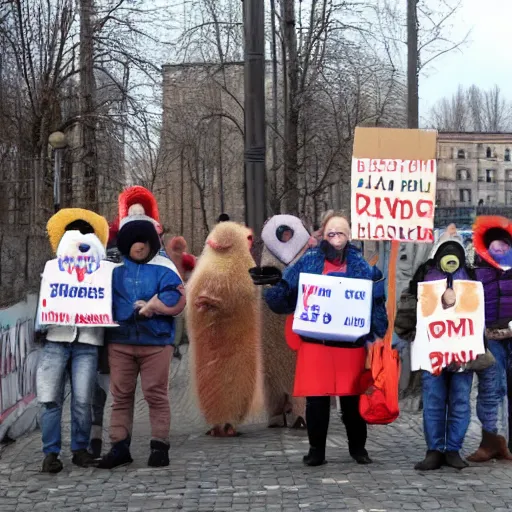 Prompt: hedgehogs protesting in belarus, sunny day