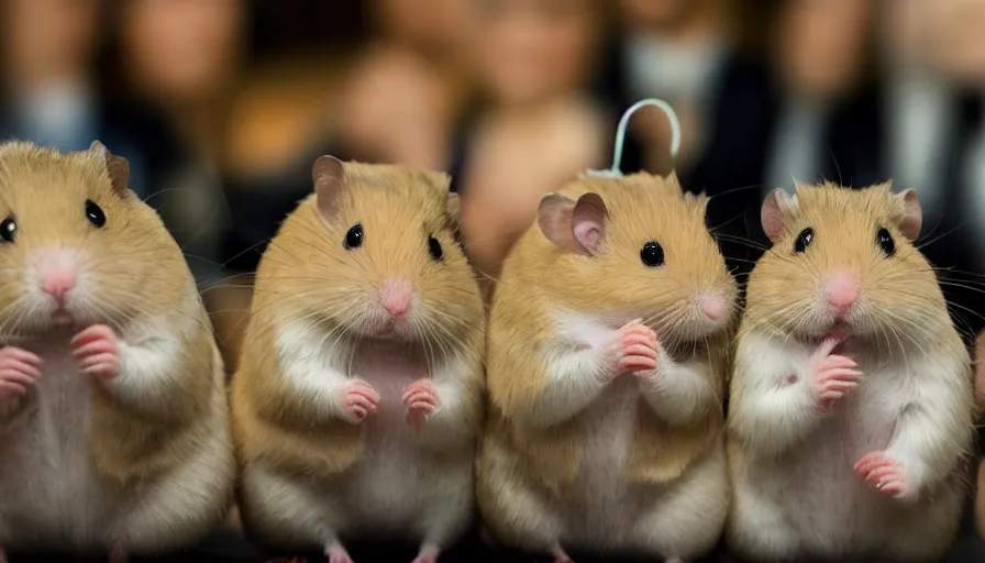 Prompt: An award-winning national geographic photo of a graduate hamster doing a speech in front of other hamsters in the academy, HD, professional photography, sharp focus, natural lighting, enhanced colors, Flickr