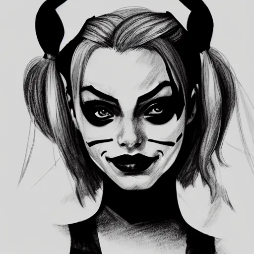 Image similar to harley quinn headshot portrait drawn in black and white watercolor, manga panel style, wlop, trending on artstation