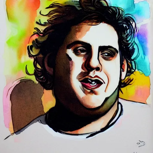 Image similar to jonah hill, stylized. Watercolor and ink. 1980s.