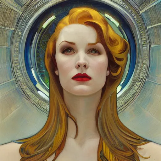 Image similar to a streamline moderne painting in the style of donato giancola, and in the style of charlie bowater, and in the style of alphonse mucha. symmetry, smooth, sharp focus, semi - realism, intricate detail.