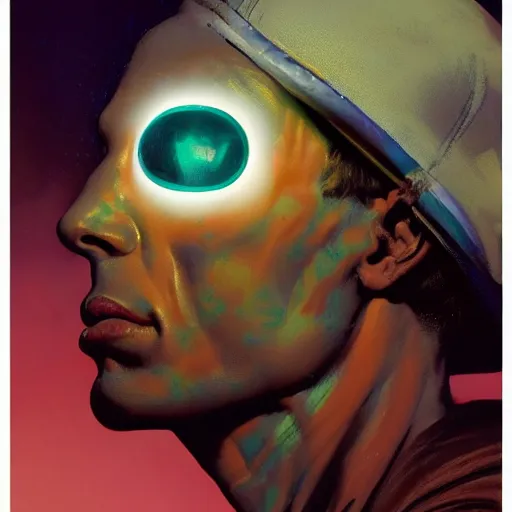 Prompt: a baroque neoclassicist close - up side profile portrait of a colorful retrofuturistic blacklight uv alien cyborg boy with a baseball hat, glowing fog in the background. renaissance portrait painting. highly detailed science fiction painting by norman rockwell, frank frazetta, and syd mead. rich colors, high contrast, gloomy atmosphere, dark background. trending on artstation