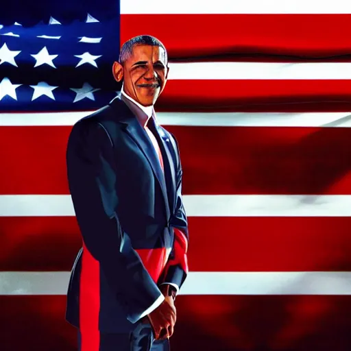 Prompt: a highly detailed photograph of barak obama as doom guy, standing in front of a massive american flag, photorealistic, wallpaper, lifelike, highly detailed, movie scene, promotional poster, unreal engine