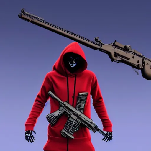 Image similar to a skeleton in a red hoodie with a rifle ultrarealism