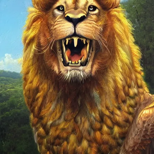 Image similar to a realistic oil painting portrait of a winged lion with an eagle head, highly detailed, trending on artstation, by james gurney and michael whelan