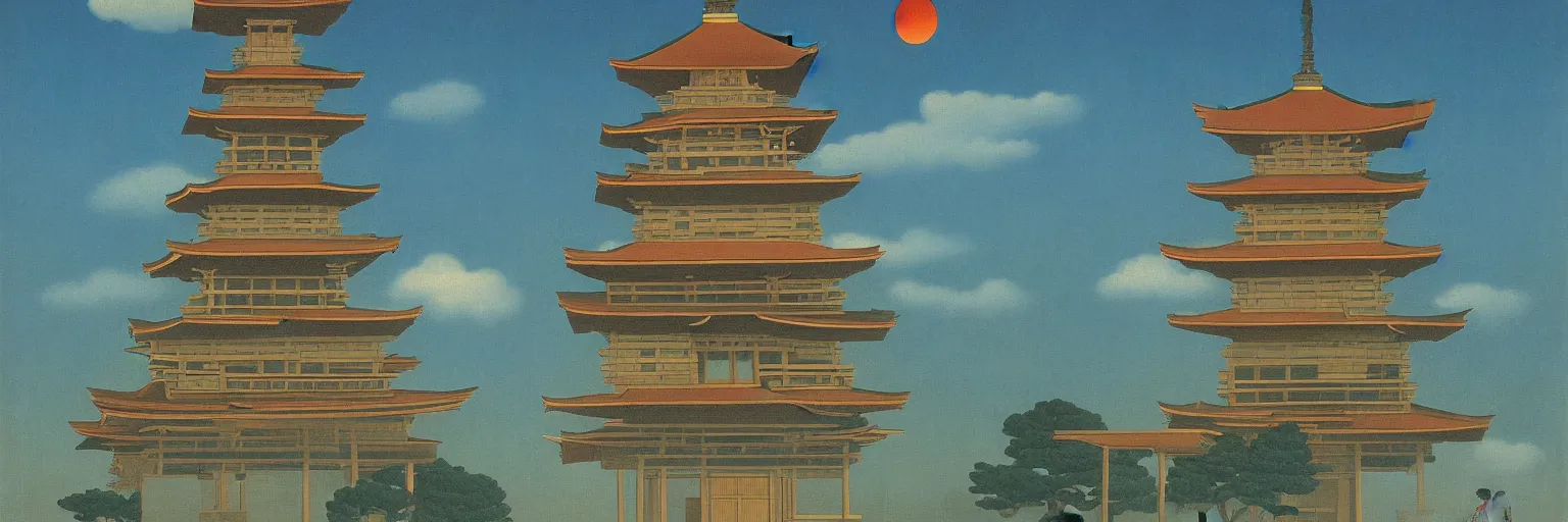 Prompt: japanese lantern and pagoda painting magritte