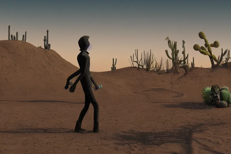 Prompt: a photo of a dystopian desert with loots of Cacti, sandy colours, sandy green, sandy, sandy beige, sobbing sad black silhouette of a person!, cantered, trending on DeviantArt, desolated, dark, 8k resolution, rendered in Zbrush