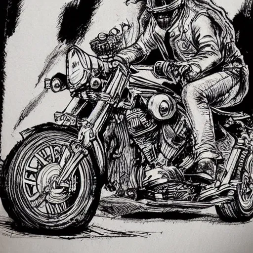 Prompt: hells angel biker riding through a burning street, intricate ink drawing, highly detailed in the style of Ashley Wood