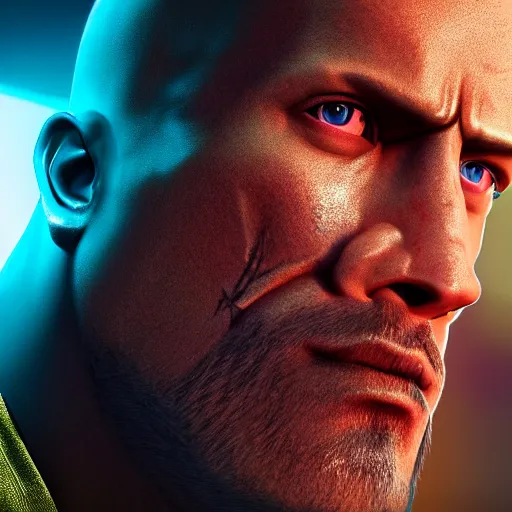 Image similar to dwayne johnson half - robot, cyberpunk 2 0 7 7, photorealistic, ultra detailed, neon, octane, bokeh, cinematic lighting, cyber, cyberpunk city, studio quality, feature, scars, cyberface, 8 k