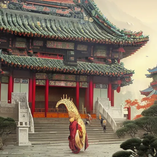 Image similar to a grand ancient chinese temple in the middle of an ancient city, sacredness, cinematic, concept art, smooth, sharp focus, illustration, art by dylan cole and greg rutkowski and alphonse mucha