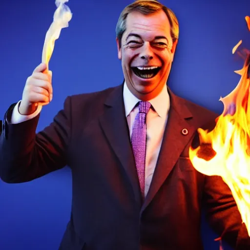 Image similar to nigel farage laughing holding burning eu flag, studio photograph, hd, studio