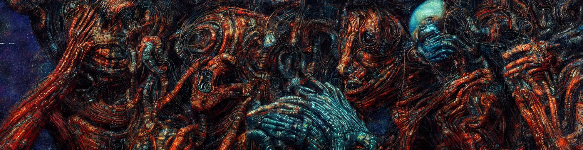 Image similar to Prometheus Remote control, LSD screen close-up, in a nightmarish universe of odd forms and somber tapestry, HR Giger and Vincent Di Fate, vivid color scheme, featured in artstation, octane render, cinematic, elegant, intricate, 8k