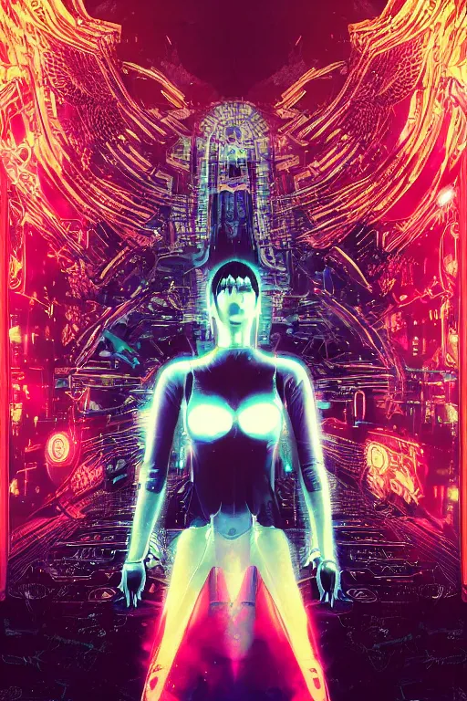 Image similar to white arc-angel with mystic robotic wings, blade runner, akira, ghost in the shell, 2077, style of Laurie Greasley and Satoshi Kon + symmetric lights and smoke, psychedelic effects , glowing particles, neon rain, glowing runes, de-noise, symmetrical composition, high detailed + tarot card, ornate border, 8k