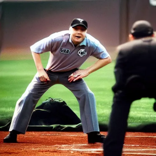 Prompt: billy corgan as an umpire, catching a ball, real photo, real camera, professional lighting, 8 k