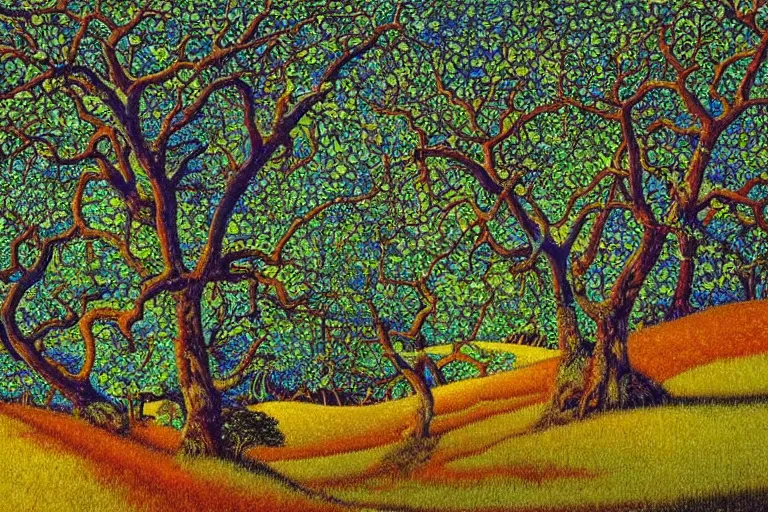 Prompt: masterpiece painting of oak trees on a hillside overlooking a creek, dramatic lighting, by mati klarwein