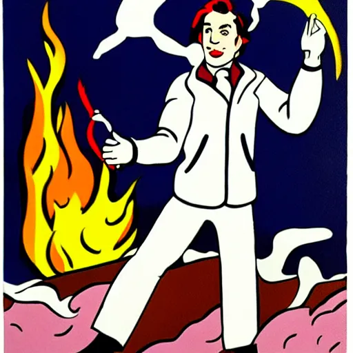 Image similar to a burning chemist in a white coat, roy lichtenstein