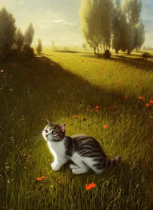 Image similar to the cat in the field from poppy and tulip, hyperrealism, no blur, 4 k resolution, ultra detailed, style of ivan shishkin, tyler edlin, tom bagshaw, arthur rackham